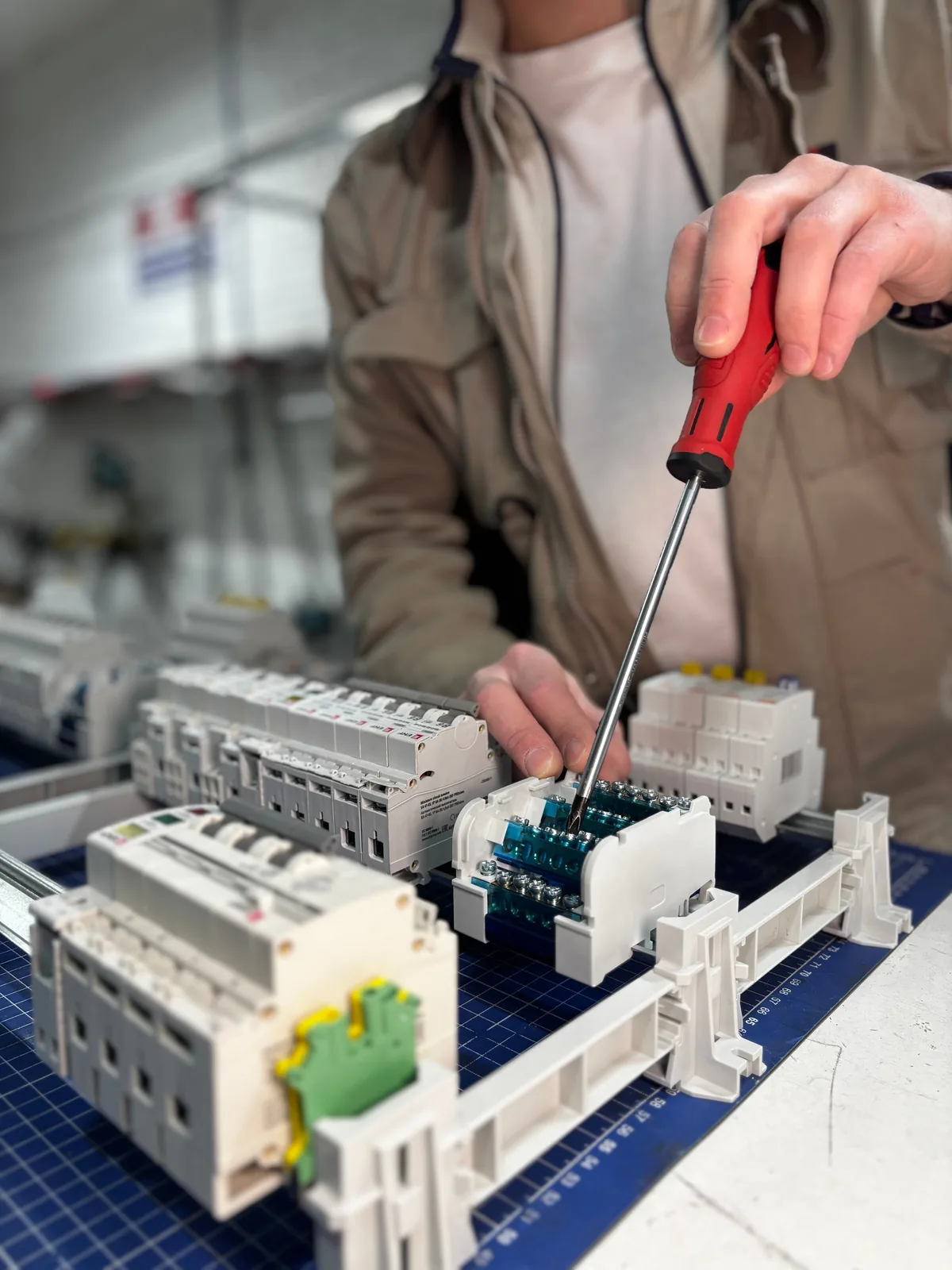 Breakers assembled on a DIN rail before installation, for licensed electrician in Hartford