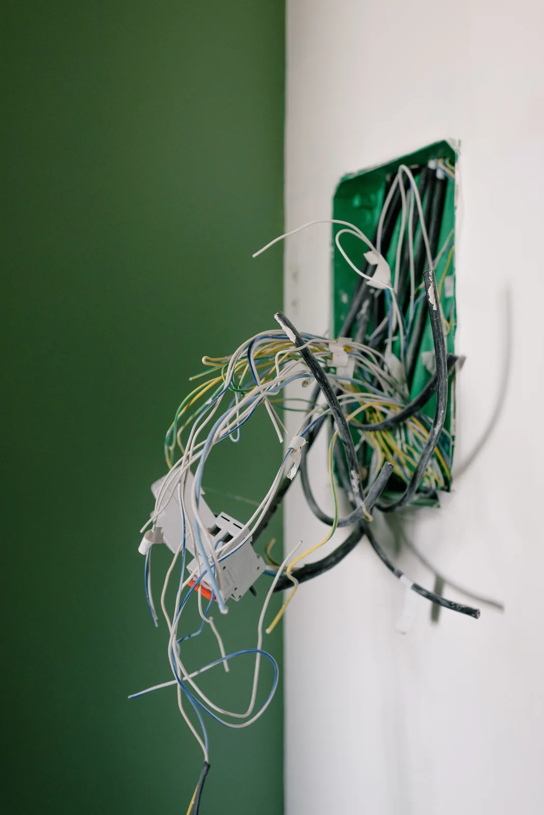 Old wiring spilling out of a junction box, for electrician in Hartford