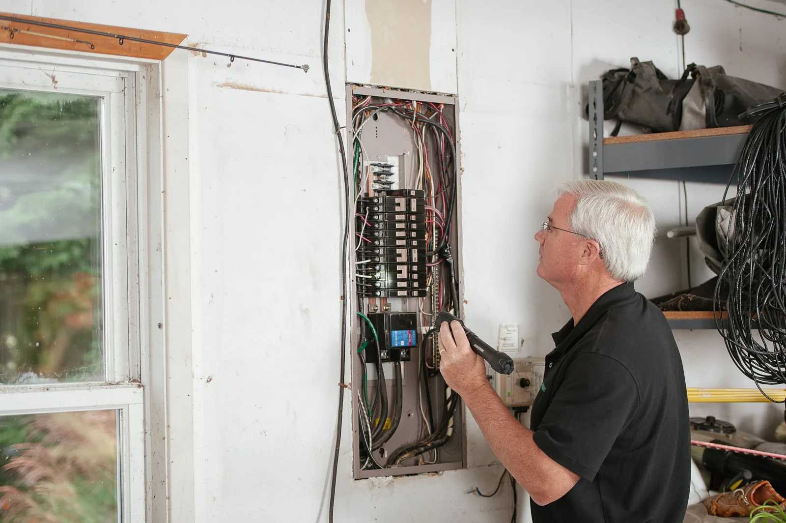 An electrician checking an open residential panel by torchlight, for licensed electrician in Hartford